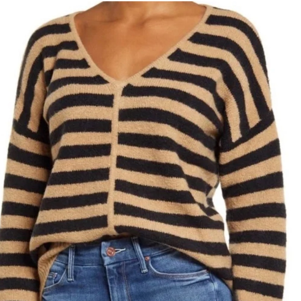 Madewell Tan and Black Striped V-Neck Sweater